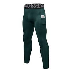 Ruowuhen Herren Kompressionshose mit Taschen, Männer Sport Leggings Laufhosen Schnelltrocknend Fitness Funktionsunterhose Tights Dunkelgrün L von Ruowuhen