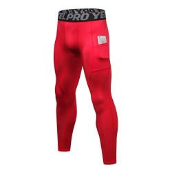 Ruowuhen Herren Kompressionshose mit Taschen, Männer Sport Leggings Laufhosen Schnelltrocknend Fitness Funktionsunterhose Tights Rot L von Ruowuhen