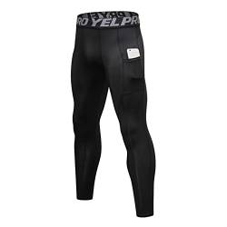 Ruowuhen Herren Kompressionshose mit Taschen, Männer Sport Leggings Laufhosen Schnelltrocknend Fitness Funktionsunterhose Tights Schwarz L von Ruowuhen