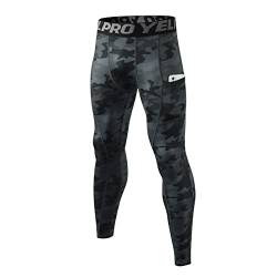 Ruowuhen Herren Kompressionshose mit Taschen, Männer Sport Leggings Laufhosen Schnelltrocknend Fitness Funktionsunterhose Tights Tarnfarben Schwarz S von Ruowuhen