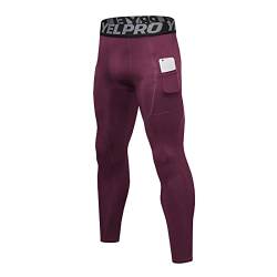 Ruowuhen Herren Kompressionshose mit Taschen, Männer Sport Leggings Laufhosen Schnelltrocknend Fitness Funktionsunterhose Tights Weinrot XXL von Ruowuhen