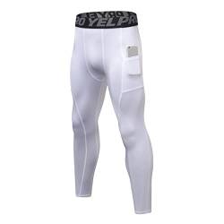 Ruowuhen Herren Kompressionshose mit Taschen, Männer Sport Leggings Laufhosen Schnelltrocknend Fitness Funktionsunterhose Tights Weiß L von Ruowuhen