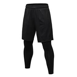 Ruowuhen Kompressionshose Herren 2 in 1 Sport Leggings mit Shorts Lange Laufhosen Atmungsaktiv Funktionsunterhose Tights für Männer Schwarz S von Ruowuhen