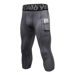 Ruowuhen Kompressionshose Herren 3/4 Laufhose Sport Leggings Atmungsaktiv Funktionshose Tights Männer Compression Hose mit Taschen Grau S von Ruowuhen