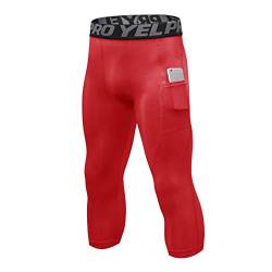 Ruowuhen Kompressionshose Herren 3/4 Laufhose Sport Leggings Atmungsaktiv Funktionshose Tights Männer Compression Hose mit Taschen Rot L von Ruowuhen