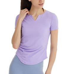 Sport T-Shirt Damen Kurzarm, Schnelltrocknend Laufshirt Atmungsaktiv Slim Funktionsshirt Sportshirt Gym Yoga Tops Violett L von Ruowuhen