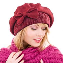 Ruphedy Baskenmütze Damen Wolle Französischen Barett Beanie Winter Mütze Hy022 (Weinrot) von Ruphedy