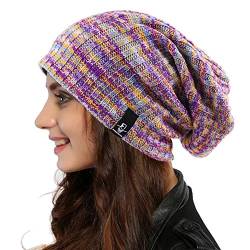 Ruphedy Damen Strickmütze, übergroß, lang, bunt, Totenkopf-Mütze für den Winter - Violett - Large von Ruphedy