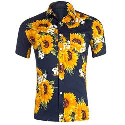 Herren Freizeithemd M鋘ner Slim Fit Kurzarmhemd Sommer Hemd Retro Kurzarm Funky Hawaiihemd Oberteile mit Sonnenblume Drucken A, 2XL Marine (freizeithemd, Chino Herren Slim fit) von Rusaly