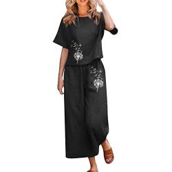 Rusaly Damen Festlich Hochzeit Zweiteiler Grosse Grössen Elegant 2 Teiler Outfit Sommer Leinen Top und Capri Hose Zweiteiler Baumwolle Leinen Freizeitanzug Leicht Loungewear von Rusaly