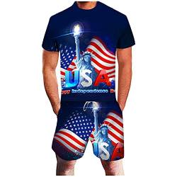 Rusaly Sportanzug Herren Kurz Jogginganzug USA Flagge Unisex US Flag Trainingsanzug Große Größen Freizeit Zweiteiliger Anzug Sommer Rundhals Kurzarm T-Shirt Shorts Set mit Kordelzug, Blau, 3XL von Rusaly