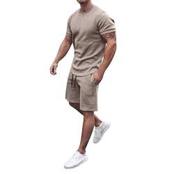 Rusaly Vintage Bedruckter Set Kurzarm T-Shirts + Kurze Hose Herren Jogginganzug 2 Teiliges Herren Jogginganzug Sportanzug Männer Männer Freizeit Business Shirt Hemd + Sporthose Shorts von Rusaly