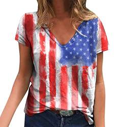 Sommer Stilvoll Stern Streifen USA Flagge T-Shirts Rundhals Kurzarm Oberteile Frauen Unabhängigkeit Mode Elegant Amerika Flagge Drucken Bluse Teenager Mädchen Stripe Star USA Patriotische von Rusaly