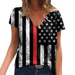 Sommer Stilvoll Stern Streifen USA Flagge T-Shirts Rundhals Kurzarm Oberteile Frauen Unabhängigkeit Mode Elegant Amerika Flagge Drucken Bluse Teenager Mädchen Stripe Star USA Patriotische von Rusaly