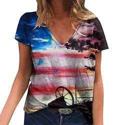 Sommer Stilvoll Stern Streifen USA Flagge T-Shirts Rundhals Kurzarm Oberteile Frauen Unabhängigkeit Mode Elegant Amerika Flagge Drucken Bluse Teenager Mädchen Stripe Star USA Patriotische von Rusaly