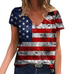 Sommer Stilvoll Stern Streifen USA Flagge T-Shirts Rundhals Kurzarm Oberteile Frauen Unabhängigkeit Mode Elegant Amerika Flagge Drucken Bluse Teenager Mädchen Stripe Star USA Patriotische von Rusaly