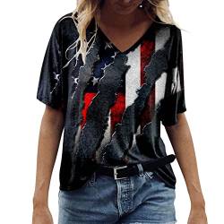 Sommer Stilvoll Stern Streifen USA Flagge T-Shirts Rundhals Kurzarm Oberteile Frauen Unabhängigkeit Mode Elegant Amerika Flagge Drucken Hemd Bluse Teenager Mädchen Stripe Star USA Patriotische A390 von Rusaly