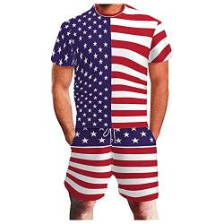 Sportanzug Herren Kurz Jogginganzug USA Flagge Unisex US Flag Trainingsanzug Große Größen Freizeit Zweiteiliger Sommer Rundhals Kurzarm T-Shirt Shorts Set von Rusaly