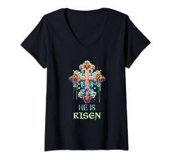 Damen Er ist auferstanden Kreuz Jesus Ostern Christen Orthodoxes Ostern T-Shirt mit V-Ausschnitt von Russian Greek Byzantine Orthodox Christian Cross