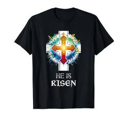 Ostern Christian He Is Risen Auferstehung Männer Frauen Kinder T-Shirt von Russian Greek Byzantine Orthodox Christian Cross