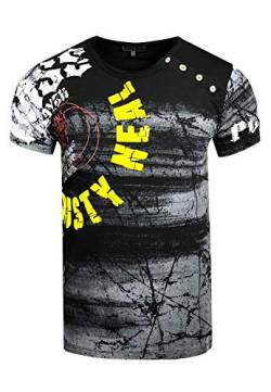 Herren T-Shirt 'Base' Verwaschen mit All-Over Print und Seitlicher Knopfleiste Herren Tee Shirt Neon Farben 157, Farbe:Schwarz, Größe S-3XL:M von Rusty Neal