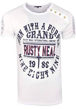 Herren T-Shirt Knopfleiste Front-Print Rundhals Kurzarm Stretch Freizeit Streetwear Shirt 216, Farbe:Weiß, Größe S-3XL:XL von Rusty Neal