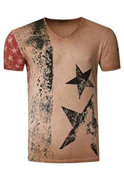 Herren T-Shirt USA Stars and Stripes V-Neck Regular Fit Rundhals Verwaschen S M L XL XXL 3XL 236, Farbe:Camel, Größe S-3XL:L von Rusty Neal