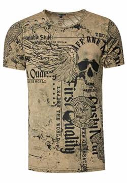 Herren T-Shirt Verwaschen mit Plakativem Print 'Flying-Skull' Stretch-Shirt Streetwear-Finest mit Seitlicher-Knopfleiste 296, Farbe:Khaki, Größe S-3XL:S von Rusty Neal