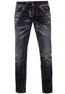 Rusty Neal Herren Jeanshose Schwarz Verwaschen mit Imposanter Neon-Roter-Ziernaht offene Knopfleiste Designer Stretch Regular -45, Farbe:Schwarz, Größe Jeans:29W / 32L von Rusty Neal