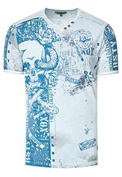 Rusty Neal Herren T-Shirt All Over Skull X Snake X Rose Print Wildleder-Band Knopf-Verzierung V-Neck Stretch Streetwear Used-Look Shirt 293, Farbe:Hell Blau, Größe S-3XL:3XL von Rusty Neal