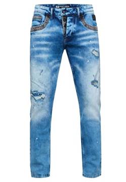 Rusty Neal Jeanshose Herren Jeans Straight Fit Stretch Streetwear 'YOKOTE' Jeans-Hose Stone-Washed Strech Denim Kontrast Destroyed 240, Farbe:Light Blue Used, Größe Jeans L32:34W / 32L von Rusty Neal