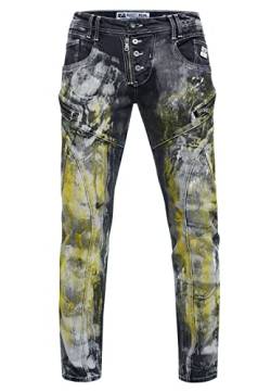 Rusty Neal Jeanshose 'Mori Limited-Edition Stretch Slim Fit Streetwear Jeans Reißverschluss-Design mit Offener Knopfleiste 239, Farbe:Black Used Yellow Washed, Größe Jeans L32:29W / 32L von Rusty Neal