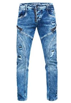 Rusty Neal Jeanshose 'Mori Limited-Edition Stretch Slim Fit Streetwear Jeans Reißverschluss-Design mit Offener Knopfleiste 239, Farbe:Blue Used, Größe Jeans L32:33W / 32L von Rusty Neal
