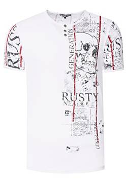 Rusty Neal T-Shirt Herren S - 3XL Kurzarm Rundhals Henley-Knopfleiste Seitliche Front Prints Tshirt Verwaschen 294, Farbe:Weiß, Größe S-3XL:M von Rusty Neal