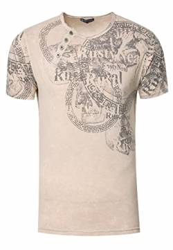 Rusty Neal T-Shirt Herren S M L XL XXL 3XL Regular-Fit Rundhals Shirt mit Asymmetrisch -Knopfleiste Front & Back Print Skull Used-Look 291, Farbe:Beige, Größe S-3XL:L von Rusty Neal