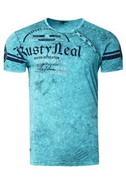 T-Shirt Herren Front Logo Print Verwaschen in Sommer Farben Knopfleiste Rundhals Petrol 245, Farbe:Petrol, Größe S-3XL:L von Rusty Neal