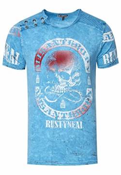 T-Shirt Herren Schwarz Blau Rot Camel Verwaschen Regular Fit S M L XL 2XL 3XL mit Asymmetrisch Knopfleiste All Over Skull Print Street-Wear Shirt 292, Farbe:Blau, Größe S-3XL:L von Rusty Neal