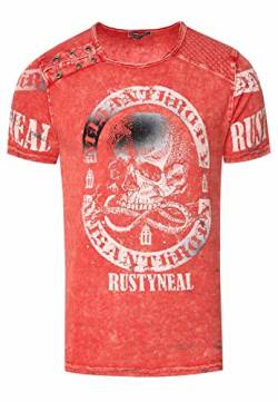 T-Shirt Herren Schwarz Blau Rot Camel Verwaschen Regular Fit S M L XL 2XL 3XL mit Asymmetrisch Knopfleiste All Over Skull Print Street-Wear Shirt 292, Farbe:Koralle, Größe S-3XL:XL von Rusty Neal