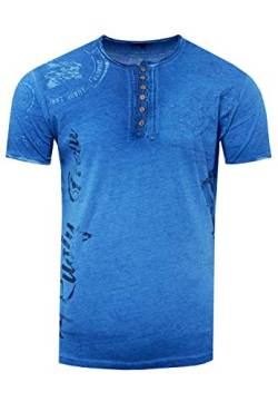 T-Shirt Herren Schwarz S - 3XL Kurzarm Rundhals Knopfleiste Seitliche Front Prints Tshirt Verwaschen 241, Farbe:Blau, Größe S-3XL:L von Rusty Neal