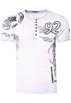 T-Shirt Herren Schwarz S - 3XL Kurzarm Rundhals Knopfleiste Seitliche Front Prints Tshirt Verwaschen 241, Farbe:Weiß, Größe S-3XL:L von Rusty Neal