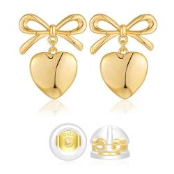Ruzister 1 Paar Goldene Herz-Ohrringe für Frauen, Schleife, baumelnde Ohrringe, Schleife-Ohrstecker für Frauen, hypoallergene Ohrring von Ruzister