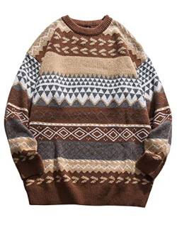 Herren Herbst Winter Vintage Gestreifter Pullover Sweatshirt Oversized Langarm Casual Pullover Strickpullover Tops, Brown, L von Rxozrxoz