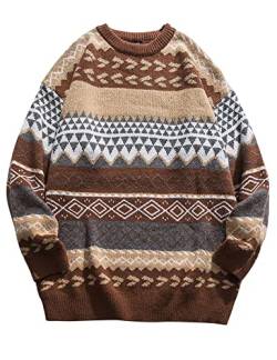 Herren Herbst Winter Vintage Gestreifter Pullover Sweatshirt Oversized Langarm Casual Pullover Strickpullover Tops, Brown, Mittel von Rxozrxoz