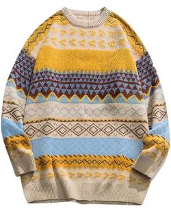 Herren Herbst Winter Vintage Gestreifter Pullover Sweatshirt Oversized Langarm Casual Pullover Strickpullover Tops, gelb, Mittel von Rxozrxoz