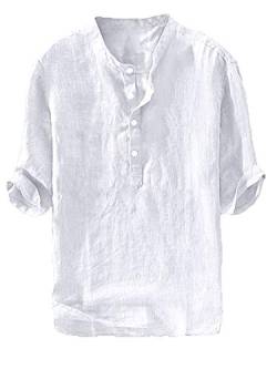 Henley Herren-T-Shirt, 3/4-Ärmel, Baumwoll-Leinen, lockere Passform, Sommerbekleidung, leicht, Strand, Yoga - Weiß - Mittel von Ryannology