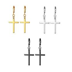 Ryaupy 3 Paar Edelstahl Kreuz Ohrringe - Creolen Ohrringe mit Kreuz Anhänger für Damen und Herren - Kreuzschmuck Geschenkset in Gold, Silber und Schwarz von Ryaupy