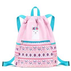 Ryushoyo Wasserdichter Turnbeutel mit Kordelzug, Sportrucksack für Männer, Frauen, Mädchen, Jungen, Alpaka Blau Rosa, Medium von Ryushoyo