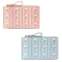 S-MAN 2 Pack kleine Geldbörse für Mädchen Frauen Blume Stickerei Design Zip um Front Card Holder Coin Purse Rosa und Blau von S-MAN