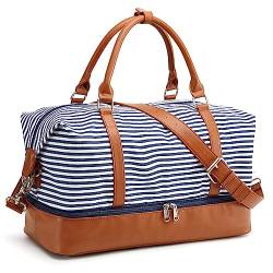 S-ZONE Damen Weekender Reisetasche 33/45 L Canvas Tasche Übergröße Duffel Taschen mit PU-Lederband und Schuhfach von S-ZONE