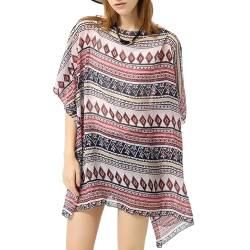 S-kini Damen Kimono Cardigan Sommer Strandkleid Lang Chiffon Strandponcho Pareo Boho Bikini (Geom dbl.-pnk.) von S-kini